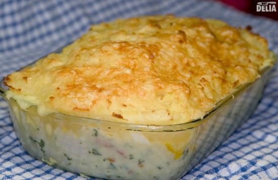 A fish pie in a Pyrex dish